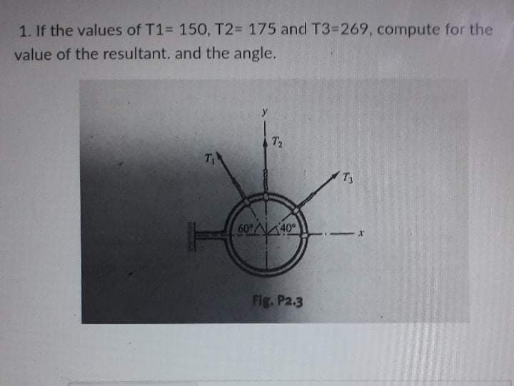 1. If the values of T1= 150, T2= 175 and T3%3D269, compute for the
value of the resultant. and the angle.
T2
T
60A40°
Fig. P2.3

