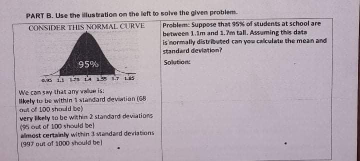 PART B. Use the illustration on the left to solve the given problem.
CONSIDER THIS NORMAL CURVE
Problem: Suppose that 95% of students at school are
between 1.1m and 1.7m tall. Assuming this data
is'normally distributed can you calculate the mean and
standard deviation?
95%
Solution:
0.95 1.1 1.25 1.4 155 1.7 1.8s
We can say that any value is:
likely to be within 1 standard deviation (68
out of 100 should be)
very likely to be within 2 standard deviations
(95 out of 100 should be)
almost certainly within 3 standard deviations
(997 out of 1000 should be)
