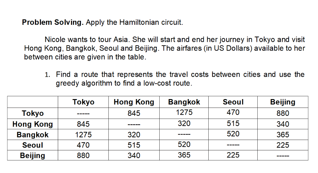 Problem Solving. Apply the Hamiltonian circuit.
Nicole wants to tour Asia. She will start and end her journey in Tokyo and visit
Hong Kong, Bangkok, Seoul and Beijing. The airfares (in US Dollars) available to her
between cities are given in the table.
1. Find a route that represents the travel costs between cities and use the
greedy algorithm to find a low-cost route.
Tokyo
Hong Kong
Bangkok
Seoul
Beijing
Tokyo
Hong Kong
845
1275
470
880
----
845
320
515
340
----
Bangkok
1275
320
520
365
-----
Seoul
470
515
520
225
------
Beijing
880
340
365
225
----
