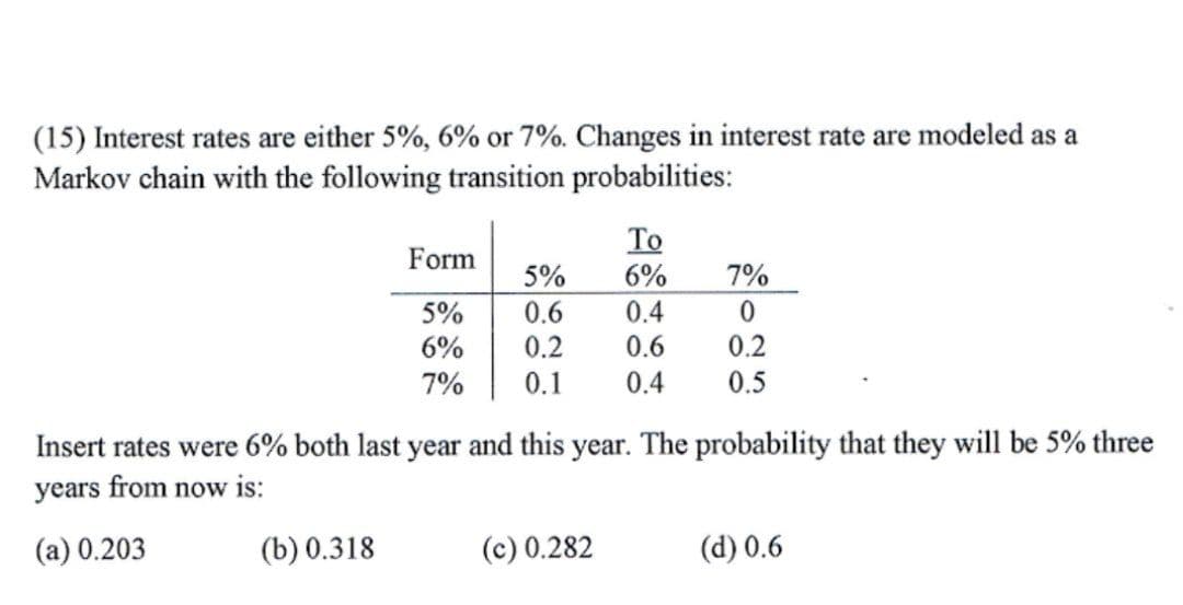 (15) Interest rates are either 5%, 6% or 7%. Changes in interest rate are modeled as a
Markov chain with the following transition probabilities:
To
6%
Form
7%
5%
0.6
0.2
5%
0.4
6%
0.6
0.2
7%
0.1
0.4
0.5
Insert rates were 6% both last year and this year. The probability that they will be 5% three
years from now is:
(a) 0.203
(b) 0.318
(c) 0.282
(d) 0.6
