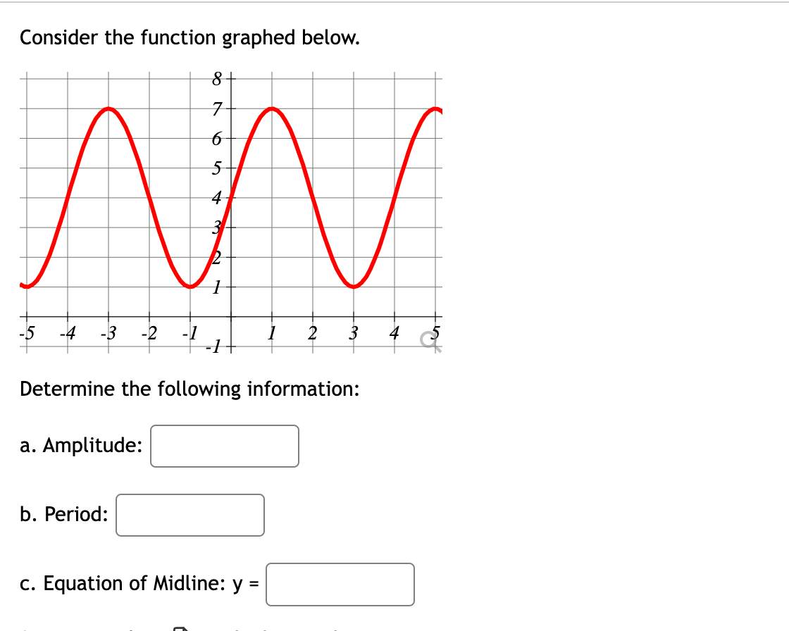 Consider the function graphed below.
8 +
7
6
5
4
N
1
-5 -4 -3 -2 -1
1
2 3 4
Determine the following information:
a. Amplitude:
b. Period:
c. Equation of Midline: y =