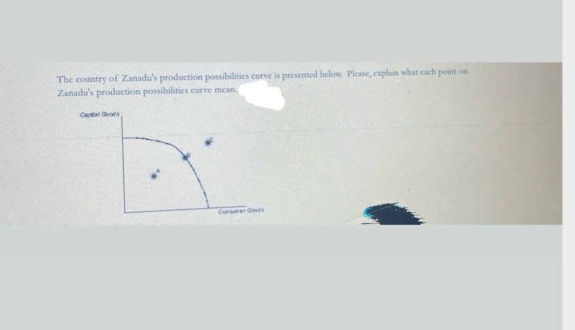The country of Zanadu's production possibilitics curve is presented below. Please, explain what cach point on
Zanadu's production possibilities curve mean.
Captal Goods
Consuer Goods
