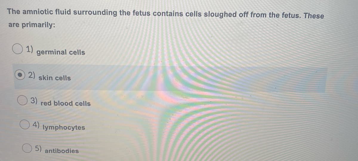 The amniotic fluid surrounding the fetus contains cells sloughed off from the fetus. These
are primarily:
1)
germinal cells
2)
skin cells
3)
red blood cells
4)
lymphocytes
5) antibodies
