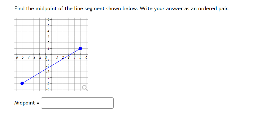 Find the midpoint of the line segment shown below. Write your answer as an ordered pair.
6+
-6 -5 4 -3 -2 -1
-4-
Midpoint =
