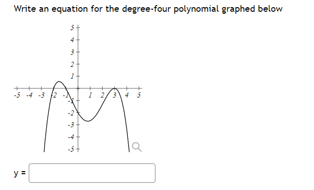 Write an equation for the degree-four polynomial graphed below
5+
4+
3
-5 -4 -3 2
4
-3 -
-4
-5+
y =
2.
