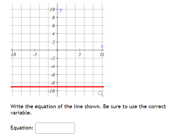 10+y
10
-5
5
10
-2
-4
-8
-10
Write the equation of the line shown. Be sure to use the correct
variable.
Equation:
十
