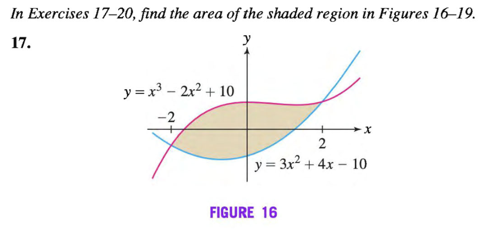 In Exercises 17–20, find the area of the shaded region in Figures 16-19.
17.
y
y = x – 2x2 + 10
2
y = 3x2 + 4x – 10
FIGURE 16
