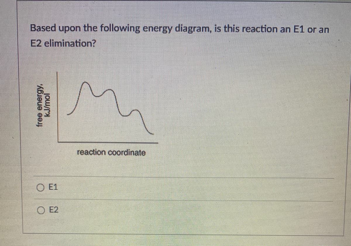 Based upon the following energy diagram, is this reaction an E1 or an
E2 elimination?
reaction coordinate
O E1
O E2
free energy,
kJ/mol
