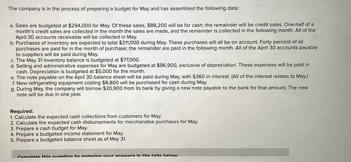 The company is in the process of preparing a budget for May and has assembled the following data:
a. Sales are budgeted at $294,000 for May. Of these sales, $88,200 will be for cash; the remainder will be credit sales. One-half of a
month's credit sales are collected in the month the sales are made, and the remainder is collected in the following month. All of the
April 30 accounts receivable will be collected in May.
b. Purchases of inventory are expected to total $211,000 during May. These purchases will all be on account. Forty percent of all
purchases are paid for in the month of purchase; the remainder are paid in the following month. All of the April 30 accounts payable
to suppliers will be paid during May.
c. The May 31 inventory balance is budgeted at $77,000.
d. Selling and administrative expenses for May are budgeted at $96,900, exclusive of depreciation: These expenses will be paid in
cash. Depreciation is budgeted at $5,000 for the month.
e. The note payable on the April 30 balance sheet will be paid during May, with $360 in interest. (All of the interest relates to May.)
f. New refrigerating equipment costing $8,800 will be purchased for cash during May.
g. During May, the company will borrow $20,900 from its bank by giving a new note payable to the bank for that amount. The new
note will be due in one year.
Required:
1. Calculate the expected cash collections from customers for May.
2. Calculate the expected cash disbursements for merchandise purchases for May.
3. Prepare a cash budget for May:
4. Prepare a budgeted income statement for May.
5. Prepare a budgeted balance sheet as of May 31.
Complete this question by entering your answers in the tabs below.