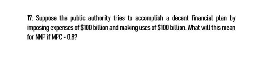 17: Suppose the public authority tries to accomplish a decent financial plan by
imposing expenses of $100 billion and making uses of $100 billion. What will this mean
for NNP if MPC = 0.8?
