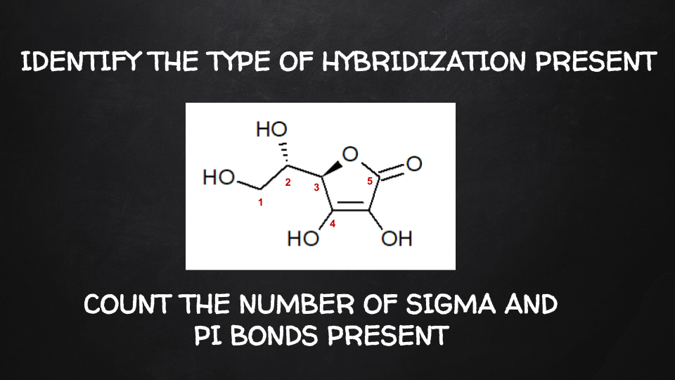 IDENTIFY THE TYPE OF HMBRIDIZATION PRESENT
НО
но.
O.
2
3
5
1
HO
ОН
COUNT THE NUMBER OF SIGMA AND
PI BONDS PRESENT
