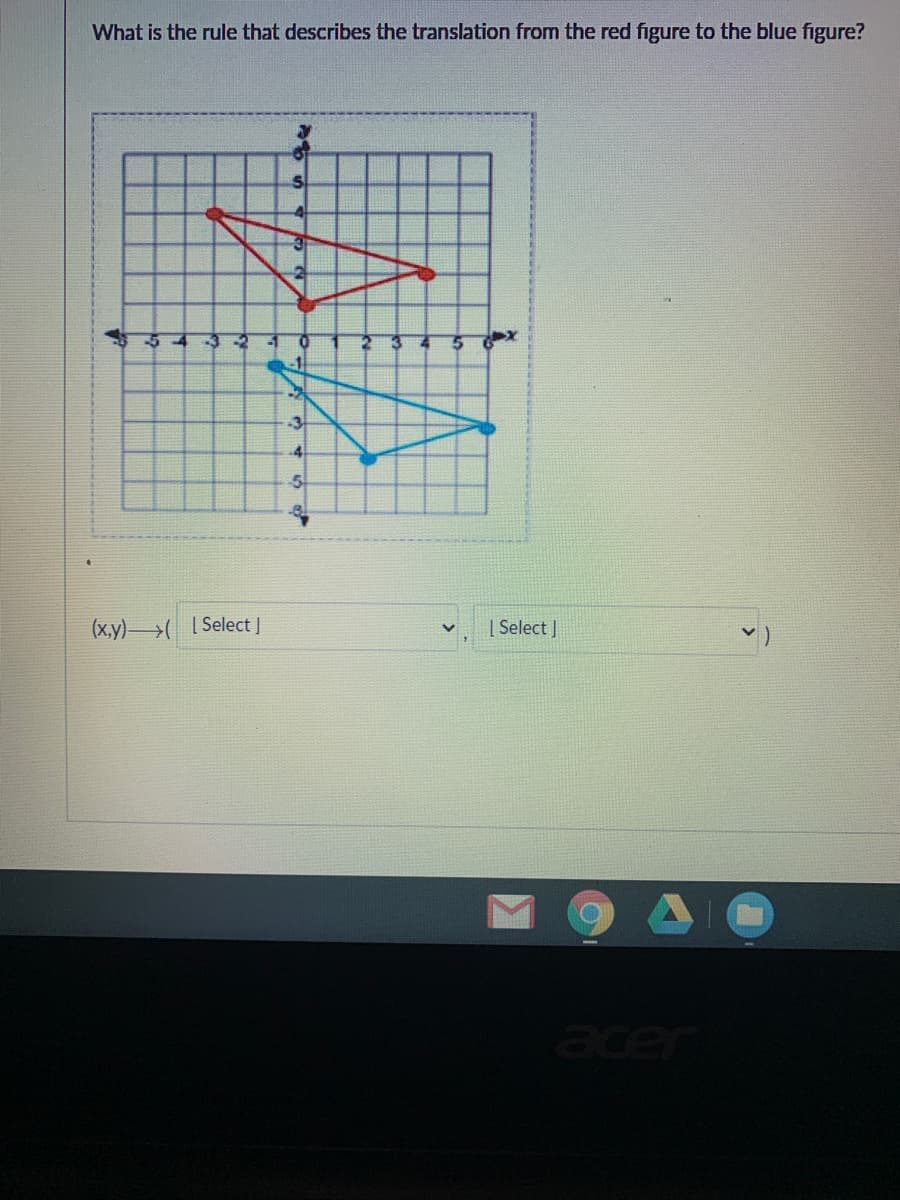 What is the rule that describes the translation from the red figure to the blue figure?
-3
-4
(x,y)>( [Select |
v, ISelect ]
acer
