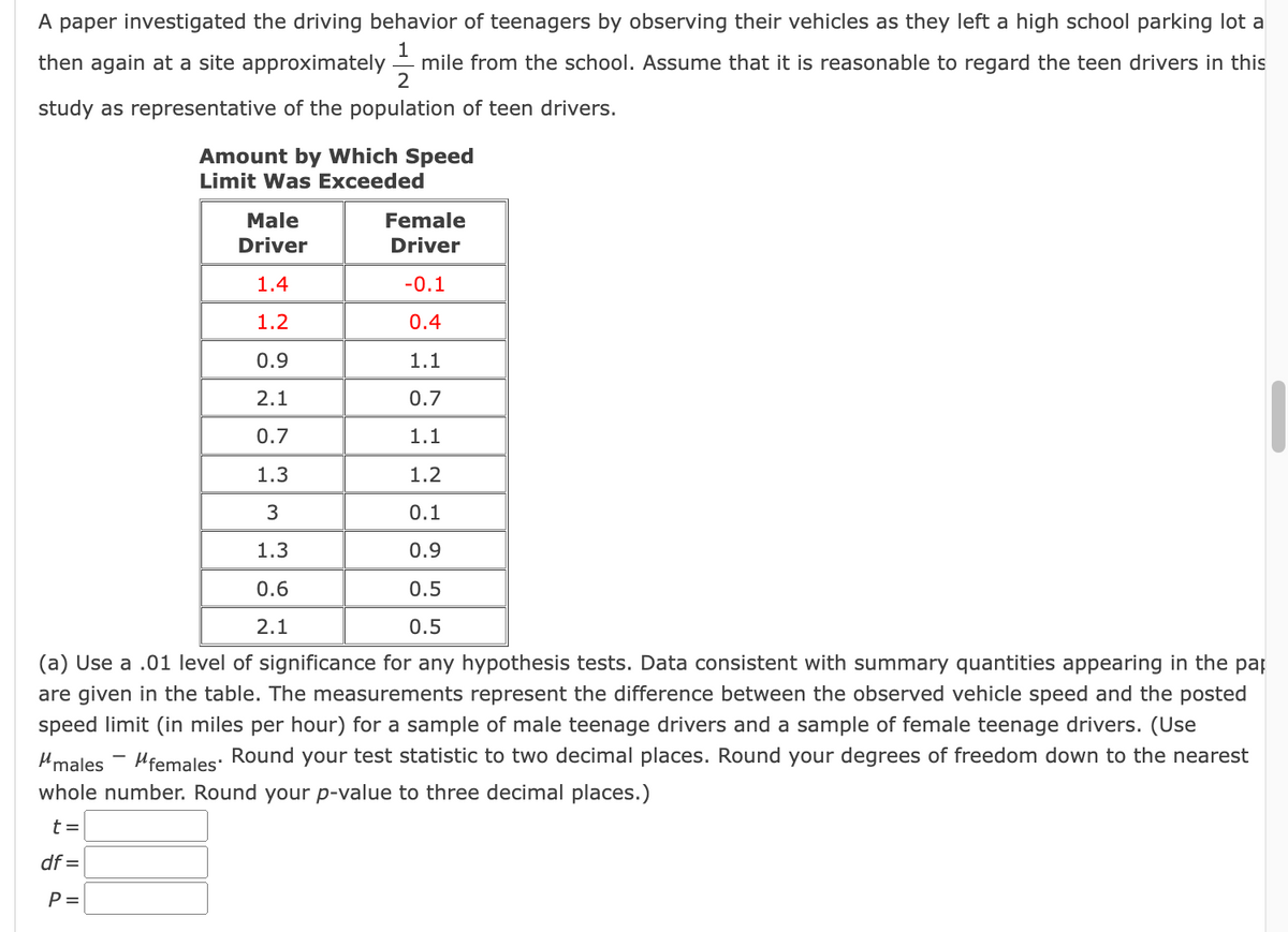 A paper investigated the driving behavior of teenagers by observing their vehicles as they left a high school parking lot a
then again at a site approximately mile from the school. Assume that it is reasonable to regard the teen drivers in this
2
study as representative of the population of teen drivers.
Amount by Which Speed
Limit Was Exceeded
Female
Driver
-0.1
0.4
1.1
0.7
1.1
1.2
0.1
0.9
0.5
0.5
(a) Use a .01 level of significance for any hypothesis tests. Data consistent with summary quantities appearing in the pap
are given in the table. The measurements represent the difference between the observed vehicle speed and the posted
speed limit (in miles per hour) for a sample of male teenage drivers and a sample of female teenage drivers. (Use
males #females Round your test statistic to two decimal places. Round your degrees of freedom down to the nearest
whole number. Round your p-value to three decimal places.)
t=
df =
P =
Male
Driver
1.4
1.2
0.9
2.1
0.7
1.3
3
1.3
0.6
2.1