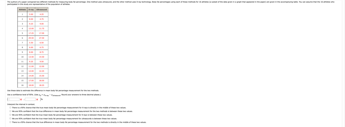 The authors of a paper compared two different methods for measuring body fat percentage. One method uses ultrasound, and the other method uses X-ray technology. Body fat percentages using each of these methods for 16 athletes (a subset of the data given in a graph that appeared in the paper) are given in the accompanying table. You can assume that the 16 athletes who
participated in this study are representative of the population of athletes.
Athlete X-ray Ultrasound
1
2
3
4
5
6
7
8
9
10
11
12
13
14
15
16
5.00
8.00
9.25
12.00
17.25
29.50
5.50
6.00
8.00
13.50
9.25
11.00
12.00
14.00
17.00
18.00
4.25
4.75
9.00
11.75
17.00
27.50
6.50
6.75
8.75
14.50
9.50
12.00
12.25
15.50
18.00
18.25
Use these data to estimate the difference in mean body fat percentage measurement for the two methods.
Use a confidence level of 95%. (Use μ = MX-ray-Multrasound. Round your answers to three decimal places.)
× %
Interpret the interval in context.
O There is a 95% chance that the true mean body fat percentage measurement for X-rays is directly in the middle of these two values.
We are 95% confident that the true difference in mean body fat percentage measurement for the two methods is between these two values.
We are 95% confident that the true mean body fat percentage measurement for X-rays is between these two values.
O We are 95% confident that the true mean body fat percentage measurement for ultrasounds is between these two values.
O There is a 95% chance that the true difference in mean body fat percentage measurement for the two methods is directly in the middle of these two values.