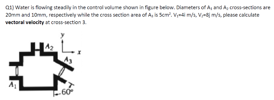 Q1) Water is flowing steadily in the control volume shown in figure below. Diameters of A, and Az cross-sections are
20mm and 10mm, respectively while the cross section area of Az is 5cm?. V=4i m/s, V;=8j m/s, please calculate
vectoral velocity at cross-section 3.
|A2
A3
F-60°
