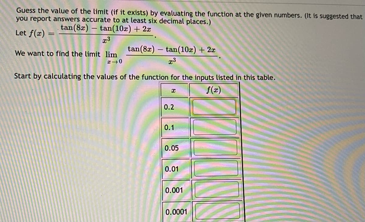 Guess the value of the limit (if it exists) by evaluating the function at the given numbers. (It is suggested that
you report answers accurate to at least six decimal places.)
tan(8x) tan(10x) + 2x
Let f(x) =
tan(82) – tan(10x) + 2x
We want to find the limit lim
x3
Start by calculating the values of the function for the inputs listed in this table.
f(x)
0.2
0.1
0.05
0.01
0.001
0.0001
