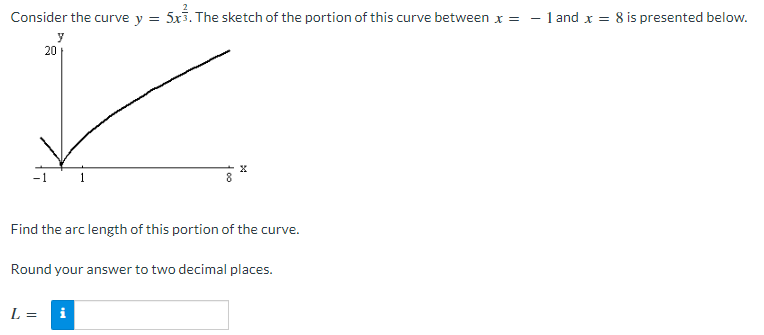 ✓
Find the arc length of this portion of the curve.
Round your answer to two decimal places.
L =
Consider the curve y =
20
y
5x3. The sketch of the portion of this curve between x =
- 1 and x = 8 is presented below.