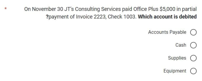 On November 30 JT's Consulting Services paid Office Plus $5,000 in partial
?payment of Invoice 2223, Check 1003. Which account is debited
Accounts Payable O
Cash O
Supplies O
Equipment O