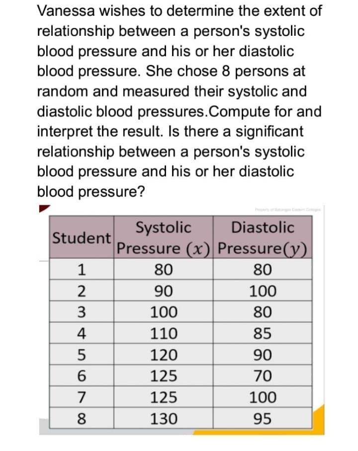 Vanessa wishes to determine the extent of
relationship between a person's systolic
blood pressure and his or her diastolic
blood pressure. She chose 8 persons at
random and measured their systolic and
diastolic blood pressures.Compute for and
interpret the result. Is there a significant
relationship between a person's systolic
blood pressure and his or her diastolic
blood pressure?
Systolic
Pressure (x) Pressure(y)
Diastolic
Student
1
80
80
90
100
100
80
4
110
85
5
120
90
6
125
70
7
125
100
8.
130
95
