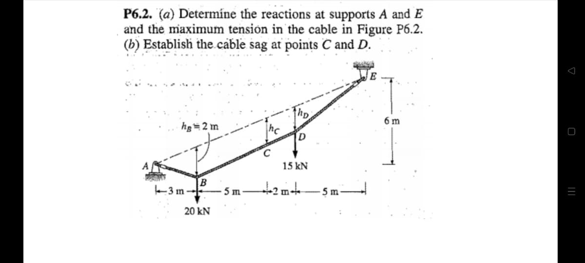 P6.2. (a) Determíne the reactions at supports A and E
and the maximum tensión in the cable in Figure P6.2.
(b) Establish the.cable sag at points C and D.
hp
6 m
hg=2 m
15 kN
2 mt 5m-
-3 m -
5 m
20 kN
