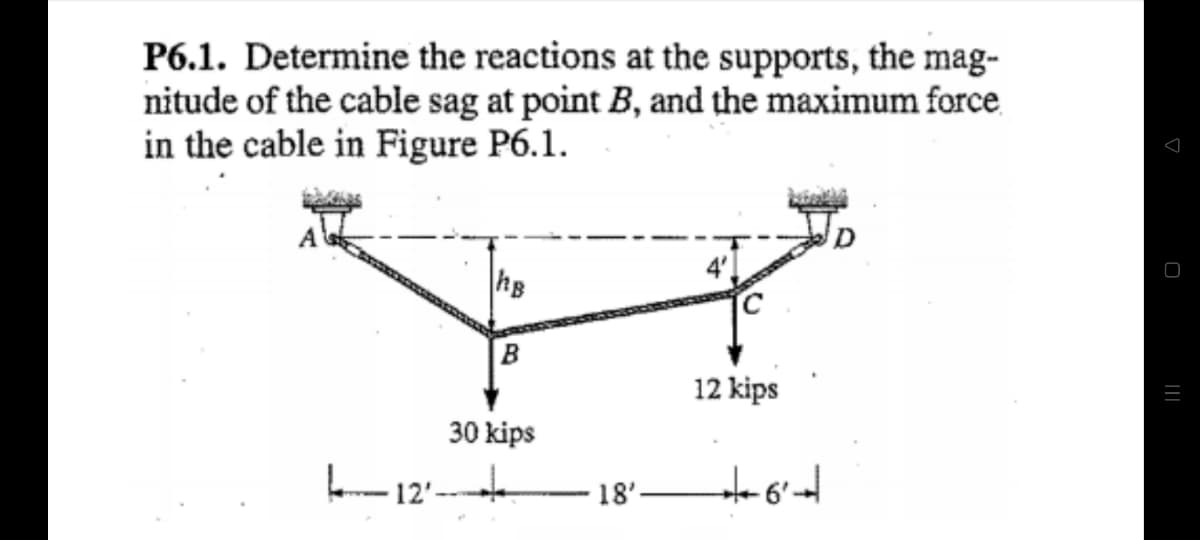 P6.1. Determine the reactions at the supports, the mag-
nitude of the cable sag at point B, and the maximum force
in the cable in Figure P6.1.
B
12 kips
30 kips
- 12'--
18'
