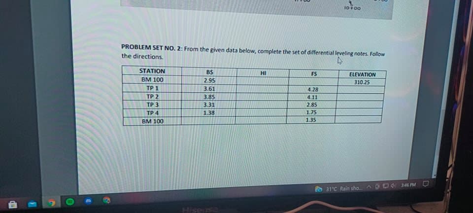 10+00
PROBLEM SET NO. 2: From the given data below, complete the set of differential leveling notes. Follow
the directions.
STATION
BS
HI
FS
ELEVATION
BM 100
2.95
310.25
TP 1
3.61
4.28
TP 2
3.85
4.11
TP 3
3.31
2.85
TP 4
1.38
1.75
BM 100
1.35
DA 346 PM
RO 31'C Rain shoA
OSTIeSoe,
