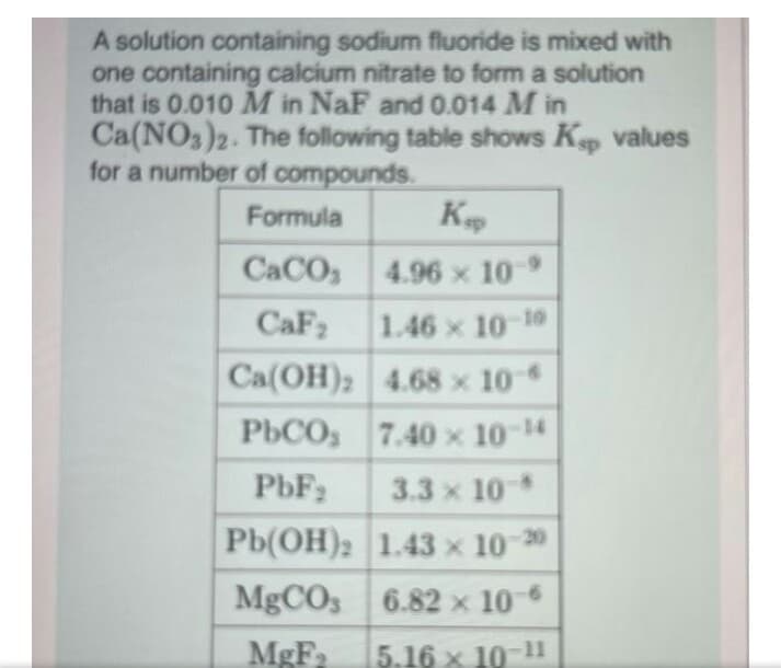 A solution containing sodium fluoride is mixed with
one containing calcium nitrate to form a solution
that is 0.010 M in NaF and 0.014 M in
Ca(NO3)2. The following table shows Kp values
for a number of compounds.
Formula
K
CACO,
4.96 x 10
CaF2
1.46 x 10-10
Ca(OH); 4.68 x 106
PBCO, 7.40 x 10 14
PbF;
3.3 x 10
Pb(OH); 1.43 x 10 30
MgCOs 6.82 x 106
5.16 x 10-11
