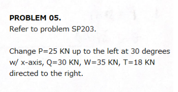 PROBLEM 05.
Refer to problem SP203.
Change P=25 KN up to the left at 30 degrees
w/ x-axis, Q=30 KN, W=35 KN, T=18 KN
directed to the right.
