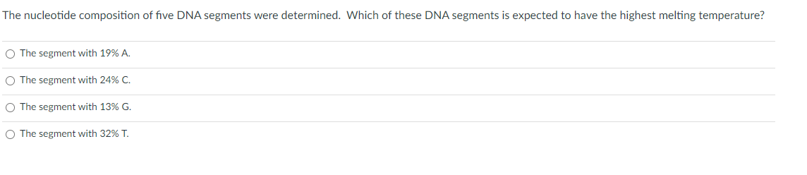The nucleotide composition of five DNA segments were determined. Which of these DNA segments is expected to have the highest melting temperature?
O The segment with 19% A.
O The segment with 24% C.
O The segment with 13% G.
O The segment with 32% T.
