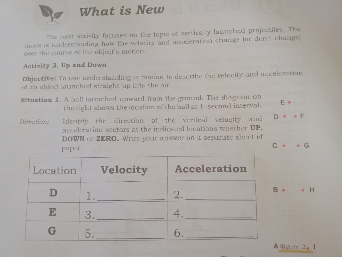 What is New w
focus is understanding how the velocity and acceleration change (or don't change)
over the course of the object's motion.
The next activity focuses on the topic of vertically launched projectiles. The
Activity 2. Up and Down
Objective: To use understanding of motion to describe the velocity and acceleration
of an object launched straight up into the air.
Situation 1: A ball launched upward from the ground. The diagram on
the right shows the location of the ball at 1-second interval.
E .
vertical velocity and
Identify the direction
acceleration vectors at the indicated locations whether UP,
DOWN or ZERO. Write your answer on a separate sheet of
Direction:
of the
• G
paper
Location
Velocity
Acceleration
D
1.
2.
E
3.
4.
G
5.
6.
A Figure 2l
