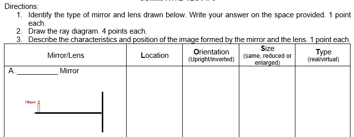 Directions:
1. Identify the type of mirror and lens drawn below. Write your answer on the space provided. 1 point
each.
2. Draw the ray diagram. 4 points each.
3. Describe the characteristics and position of the image formed by the mirror and the lens. 1 point each.
Orientation
(Upright/inverted)
Size
(same, reduced or
enlarged)
Туре
(realívirtual)
Mirror/Lens
Location
А.
Mirror
Object
