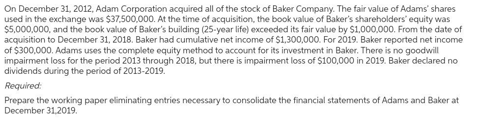 On December 31, 2012, Adam Corporation acquired all of the stock of Baker Company. The fair value of Adams' shares
used in the exchange was $37,500,000. At the time of acquisition, the book value of Baker's shareholders' equity was
$5,000,000, and the book value of Baker's building (25-year life) exceeded its fair value by $1,000,000. From the date of
acquisition to December 31, 2018. Baker had cumulative net income of $1,300,000. For 2019. Baker reported net income
of $300,000. Adams uses the complete equity method to account for its investment in Baker. There is no goodwill
impairment loss for the period 2013 through 2018, but there is impairment loss of $100,000 in 2019. Baker declared no
dividends during the period of 2013-2019.
Required:
Prepare the working paper eliminating entries necessary to consolidate the financial statements of Adams and Baker at
December 31,2019.