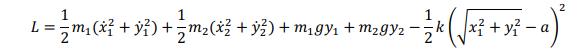 2
L = ;ma(&? + y¥)+,m2(X글 + y글) + m,9y + m29yz
+ y}-
-
