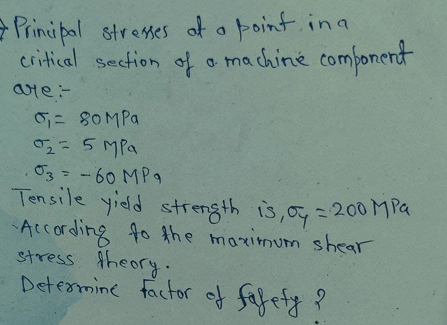7 Principal stresses of a point in a
critical section of a machine component
are:
₁= 80 MPa
0₂= 5 MPa
03 = -60 MPa
Tensile yield strength is, oy = 200 MPa
According to the maximum shear
stress theory.
Determine factor of fafety ?