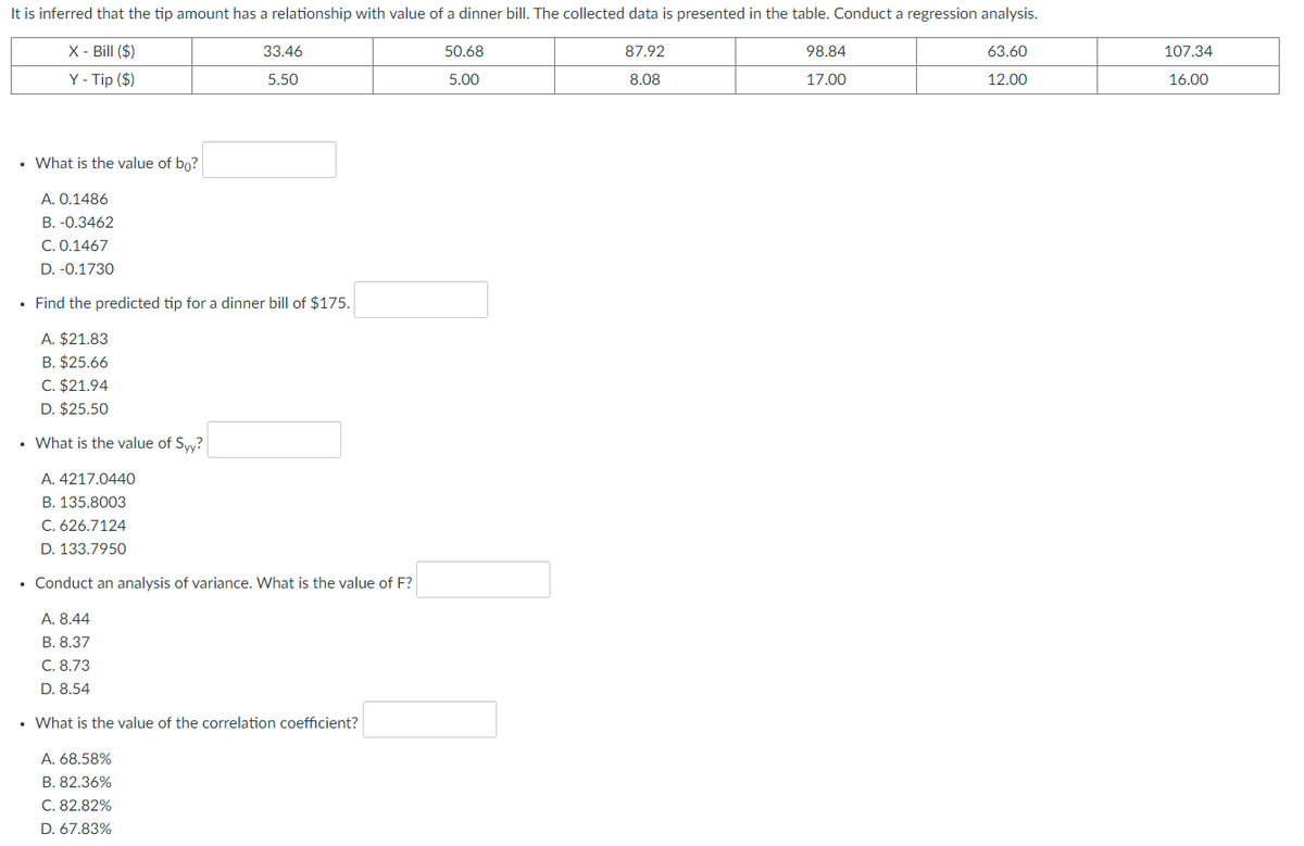 It is inferred that the tip amount has a relationship with value of a dinner bill. The collected data is presented in the table. Conduct a regression analysis.
X - Bill ($)
33.46
50.68
87.92
98.84
63.60
107.34
Y - Tip ($)
5.50
5.00
8.08
17.00
12.00
16.00
• What is the value of bo?
A. 0.1486
B. -0.3462
C. 0.1467
D. -0.1730
• Find the predicted tip for a dinner bill of $175.
A. $21.83
B. $25.66
C. $21.94
D. $25.50
What is the value of Syy?
A. 4217.0440
B. 135.8003
C. 626.7124
D. 133.7950
• Conduct an analysis of variance. What is the value of F?
A. 8.44
B. 8.37
C. 8.73
D. 8.54
What is the value of the correlation coefficient?
A. 68.58%
B. 82.36%
C. 82.82%
D. 67.83%
