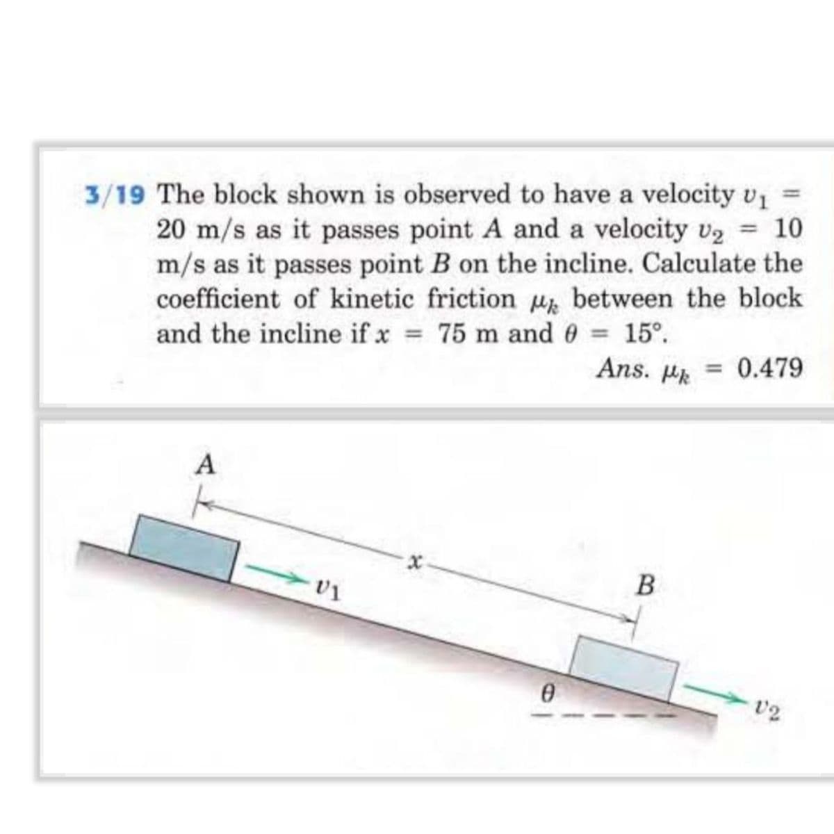 3/19 The block shown is observed to have a velocity v₁ =
20 m/s as it passes point A and a velocity v₂ = 10
m/s as it passes point B on the incline. Calculate the
coefficient of kinetic friction between the block
and the incline if x = 75 m and 0 = 15°.
A
-V1
0
Ans. P = 0.479
B