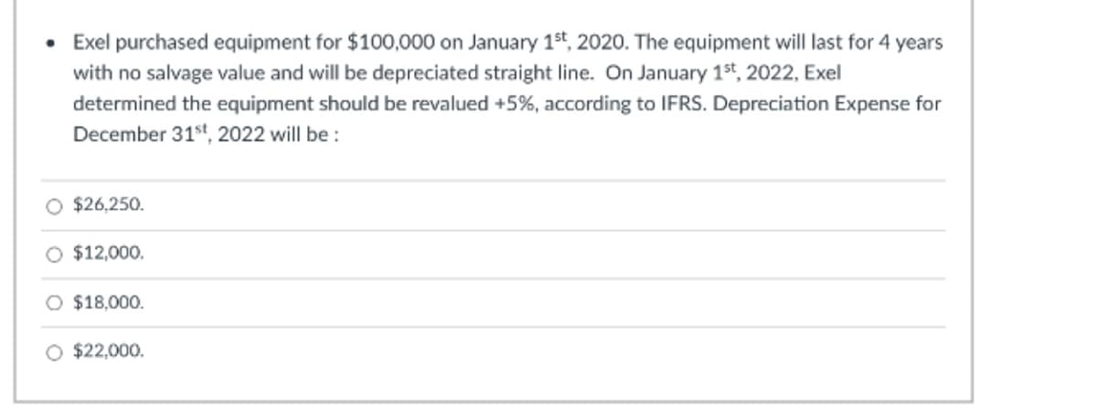 • Exel purchased equipment for $100,000 on January 1st, 2020. The equipment will last for 4 years
with no salvage value and will be depreciated straight line. On January 1st, 2022, Exel
determined the equipment should be revalued +5%, according to IFRS. Depreciation Expense for
December 31st, 2022 will be :
O $26,250.
O $12,000.
O $18,000.
O $22,000.
