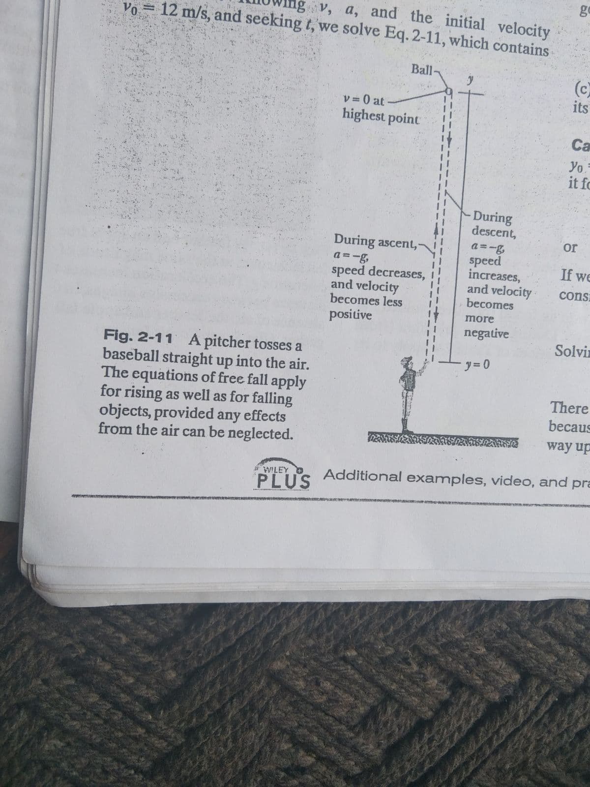 ng v, a, and the initial velocity
Vo = 12 m/s, and seeking t, we solve Eq.2-11, which contains
Ball
(c)
its
V =0 at
highest point
Са
Yo.
it fo
During
descent,
or
During ascent,
a =-g,
speed decreases,
and velocity
a=-g
speed
increases,
and velocity
becomes
If we
cons:
becomes less
positive
more
negative
Solvir
Fig. 2-11 A pitcher tosses a
baseball straight up into the air.
The equations of free fall apply
for rising as well as for falling
objects, provided any effects
from the air can be neglected.
y = 0
There
becaus
way up
Additional examples, video, and pra
PLUS
