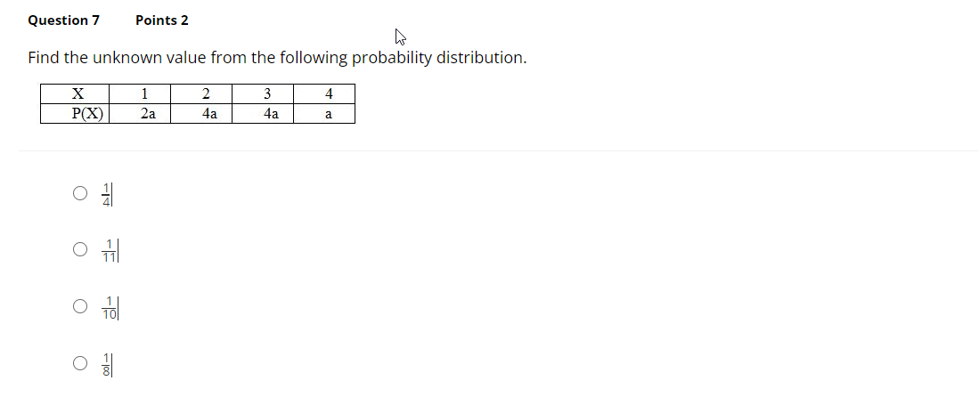 Question 7
Points 2
Find the unknown value from the following probability distribution.
X
1
2
3
4
P(X)
2a
4a
4a
a
