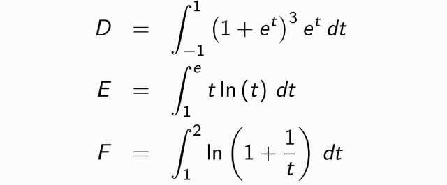 3
| (1+ e*)° e* dt
D =
-1
re
E =
| t In (t) dt
1
2
).
F =
In
n (1+
dt
-
t
1
