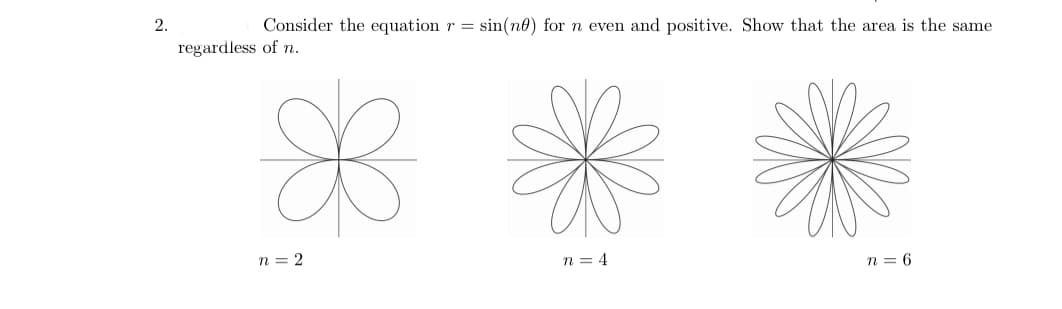 2.
Consider the equation r = sin(ne) for n even and positive. Show that the area is the same
regardless of n.
n = 2
n = 4
n = 6
