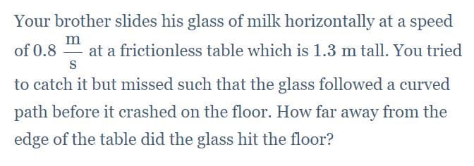 Your brother slides his glass of milk horizontally at a speed
m
of 0.8 at a frictionless table which is 1.3 m tall. You tried
to catch it but missed such that the glass followed a curved
path before it crashed on the floor. How far away from the
edge of the table did the glass hit the floor?
