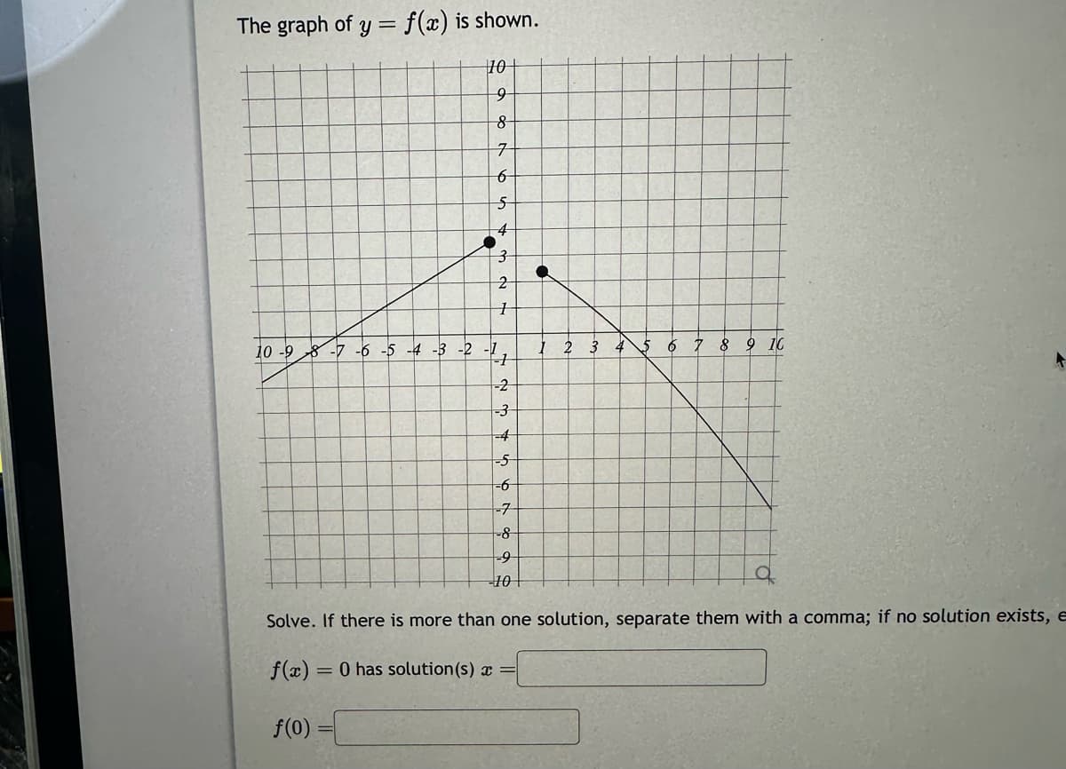 The graph of y = f(x) is shown.
10
9
8
7
6
5
4
+ 3 d
2
+
10 -9 -7 -6 -5 -4 -3 -2 -² 1
-2
-3
-4
-5
-6
-7
-8
-9
10
●
2 3 4 5 6 7 8 9 10
Solve. If there is more than one solution, separate them with a comma; if no solution exists, E
f(x) = 0 has solution (s) x =
f(0)