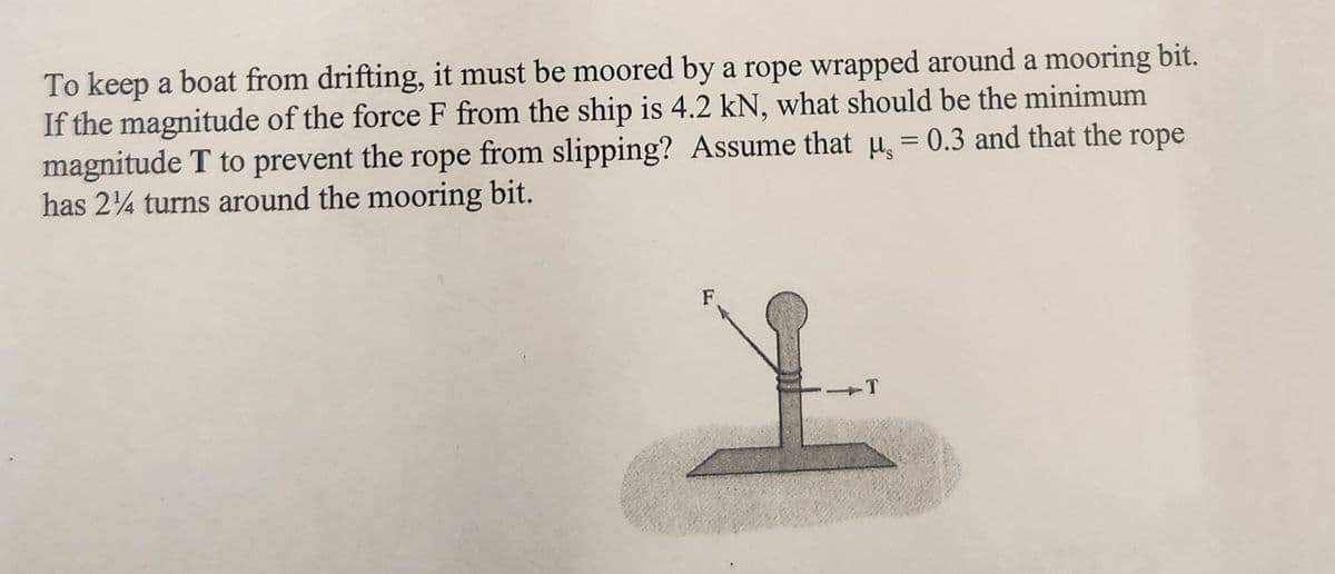 To keep a boat from drifting, it must be moored by a rope wrapped around a mooring bit.
If the magnitude of the force F from the ship is 4.2 kN, what should be the minimum
magnitude T to prevent the rope from slipping? Assume that u, = 0.3 and that the rope
has 2/4 turns around the mooring bit.
T