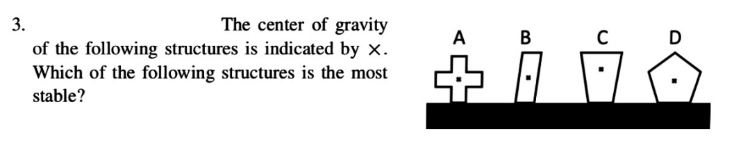 3.
The center of gravity
A
B
of the following structures is indicated by x.
Which of the following structures is the most
stable?
