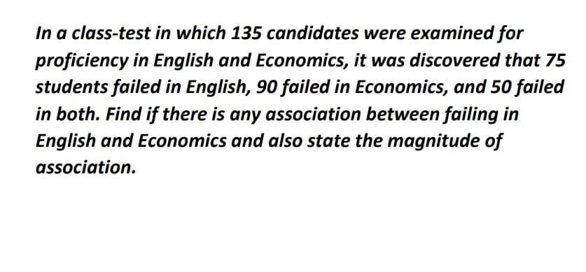 In a class-test in which 135 candidates were examined for
proficiency in English and Economics, it was discovered that 75
students failed in English, 90 failed in Economics, and 50 failed
in both. Find if there is any association between failing in
English and Economics and also state the magnitude of
association.
