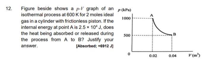 12.
Figure beside shows a p-V graph of an p(kPa)
isothermal process at 600 K for 2 moles ideal
gas in a cylinder with frictionless piston. If the
internal energy at point A is 2.5 x 10* J, does
the heat being absorbed or released during
the process from A to B? Justify your
(Absorbed; +6912 J]
1000
500
answer.
0.04
V (m³)
0.02
