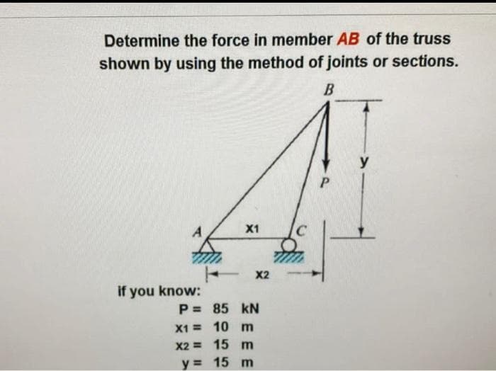 Determine the force in member AB of the truss
shown by using the method of joints or sections.
B
y
A
X1
X2
if you know:
P= 85 kN
X1 = 10 m
X2 = 15 m
y = 15 m
