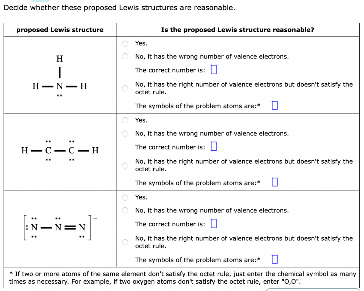 Decide whether these proposed Lewis structures are reasonable.
proposed Lewis structure
Is the proposed Lewis structure reasonable?
Yes.
H
No, it has the wrong number of valence electrons.
The correct number is:|
H - N- H
No, it has the right number of valence electrons but doesn't satisfy the
octet rule.
The symbols of the problem atoms are:*
Yes.
No, it has the wrong number of valence electrons.
The correct number is:|
H
С — С — Н
-
No, it has the right number of valence electrons but doesn't satisfy the
octet rule.
The symbols of the problem atoms are:*
Yes.
No, it has the wrong number of valence electrons.
The correct number is: ||
:N-N=N
No, it has the right number of valence electrons but doesn't satisfy the
octet rule.
The symbols of the problem atoms are:
*
* If two or more atoms of the same element don't satisfy the octet rule, just enter the chemical symbol as many
times as necessary. For example, if two oxygen atoms don't satisfy the octet rule, enter "0,0".
O O
O O
O O
: :
:U :
