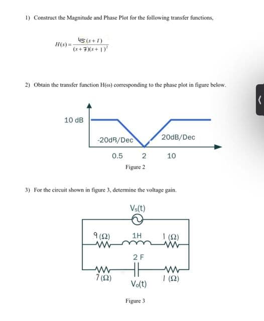 1) Construct the Magnitude and Phase Plot for the following transfer functions,
(1+s) Sh
H(s) = s+7)(s+ 1)
2) Obtain the transfer function H(o) corresponding to the phase plot in figure below.
10 dB
-200R/Dec
20dB/Dec
0.5
2
10
Figure 2
3) For the circuit shown in figure 3, determine the voltage gain.
Vs(t)
9 (2)
| (2)
1H
2F
7 (2)
| (2)
Vo(t)
Figure 3
